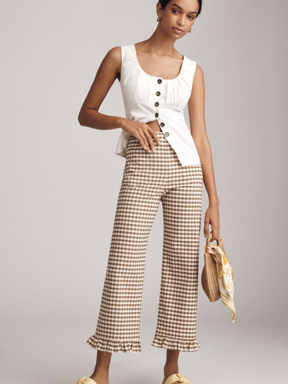 Maeve The Colette Brown and White Gingham Wide-Leg Ruffle-Hem Pants Size 32 - Picture 14 of 14